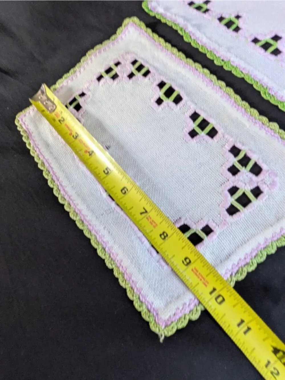 Vtg Doily Dresser Scarf Set of 3 Crochet Edge Embroidered Cut Outs White Linen